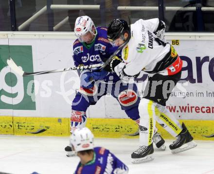 EBEL. Eishockey Bundesliga. EC VSV gegen Dornbirner Eishockey Club.  Gerhard Unterluggauer,  (VSV), Nicholas Crawford (Dornbirn). Villach, am 25.1.2015.
Foto: Kuess 


---
pressefotos, pressefotografie, kuess, qs, qspictures, sport, bild, bilder, bilddatenbank