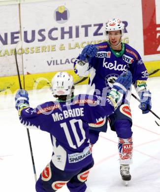 EBEL. Eishockey Bundesliga. EC VSV gegen Dornbirner Eishockey Club.  EBEL. Eishockey Bundesliga. EC VSV gegen Dornbirner Eishockey Club.  Torjubel Marco Pewal, Brock McBride, (VSV). Villach, am 25.1.2015. (VSV). Villach, am 25.1.2015.
Foto: Kuess 




---
pressefotos, pressefotografie, kuess, qs, qspictures, sport, bild, bilder, bilddatenbank