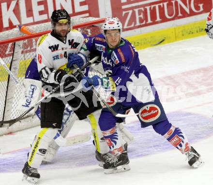 EBEL. Eishockey Bundesliga. EC VSV gegen Dornbirner Eishockey Club.  Stefan Bacher, (VSV), Guillaume Desbiens  (Dornbirn). Villach, am 25.1.2015.
Foto: Kuess 


---
pressefotos, pressefotografie, kuess, qs, qspictures, sport, bild, bilder, bilddatenbank