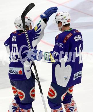 EBEL. Eishockey Bundesliga. EC VSV gegen Dornbirner Eishockey Club.  torjubel Jason Krog, Geoff Waugh (VSV). Villach, am 25.1.2015.
Foto: Kuess 


---
pressefotos, pressefotografie, kuess, qs, qspictures, sport, bild, bilder, bilddatenbank