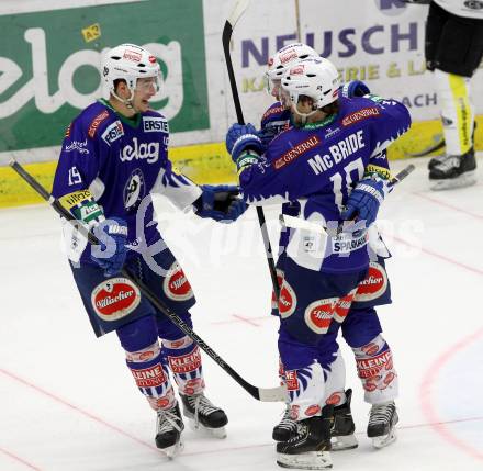 EBEL. Eishockey Bundesliga. EC VSV gegen Dornbirner Eishockey Club.  Torjubel Marco Pewal, Brock McBride, Stefan Bacher (VSV). Villach, am 25.1.2015.
Foto: Kuess 


---
pressefotos, pressefotografie, kuess, qs, qspictures, sport, bild, bilder, bilddatenbank