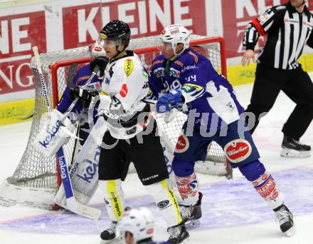 EBEL. Eishockey Bundesliga. EC VSV gegen Dornbirner Eishockey Club.  Geoff Waugh,  (VSV), Martin Grabher-Meier (Dornbirn). Villach, am 25.1.2015.
Foto: Kuess 


---
pressefotos, pressefotografie, kuess, qs, qspictures, sport, bild, bilder, bilddatenbank