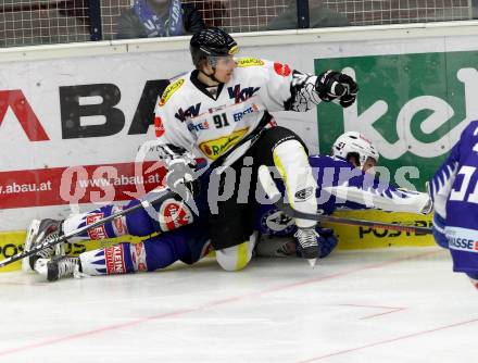 EBEL. Eishockey Bundesliga. EC VSV gegen Dornbirner Eishockey Club.  Mario Altmann, (VSV), Martin Grabher Meier  (Dornbirn). Villach, am 25.1.2015.
Foto: Kuess 


---
pressefotos, pressefotografie, kuess, qs, qspictures, sport, bild, bilder, bilddatenbank