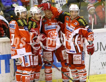 EBEL. Eishockey Bundesliga. KAC gegen HCB Suedtirol.  Torjubel Lukas Pither,  Manuel Geier, Kim Stroemberg, Kirk Furey (KAC). Klagenfurt, am 30.1.2015.
Foto: Kuess 

---
pressefotos, pressefotografie, kuess, qs, qspictures, sport, bild, bilder, bilddatenbank