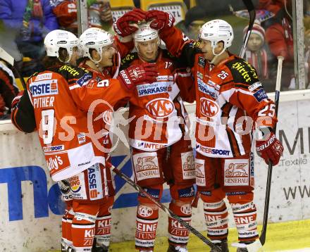 EBEL. Eishockey Bundesliga. KAC gegen HCB Suedtirol.  Torjubel Lukas Pither,  Manuel Geier, Kim Stroemberg, Kirk Furey (KAC). Klagenfurt, am 30.1.2015.
Foto: Kuess 

---
pressefotos, pressefotografie, kuess, qs, qspictures, sport, bild, bilder, bilddatenbank