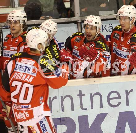 EBEL. Eishockey Bundesliga. KAC gegen HCB Suedtirol. Torjubel Marcel Rodman, Thomas Koch, Oliver Setzinger (KAC). Klagenfurt, am 30.1.2015.
Foto: Kuess 

---
pressefotos, pressefotografie, kuess, qs, qspictures, sport, bild, bilder, bilddatenbank