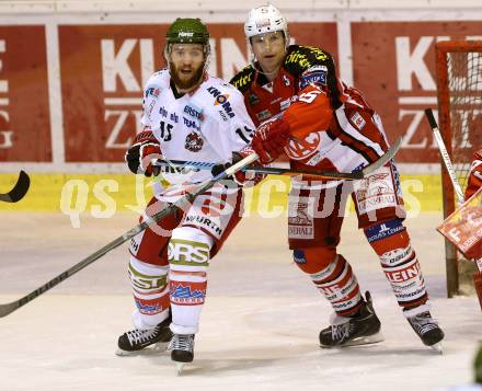 EBEL. Eishockey Bundesliga. KAC gegen HCB Suedtirol. Kirk Furey,  (KAC),  Derek Nesbitt (Bozen). Klagenfurt, am 30.1.2015.
Foto: Kuess 

---
pressefotos, pressefotografie, kuess, qs, qspictures, sport, bild, bilder, bilddatenbank