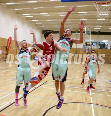 Basketball 2.Bundesliga 2014/15 Grunddurchgang 18.Runde. Villach Raiders gegen St. Poelten Dragons. Nino Gross, Povilas Gaidys, (Villach), Paul Radakovics  (St. Poelten). Klagenfurt, 7.2.2015.
Foto: Kuess
---
pressefotos, pressefotografie, kuess, qs, qspictures, sport, bild, bilder, bilddatenbank