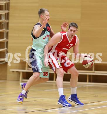 Basketball 2.Bundesliga 2014/15 Grunddurchgang 18.Runde. Villach Raiders gegen St. Poelten Dragons. Povilas Gaidys, (Villach), Martin Speiser (St. Poelten). Klagenfurt, 7.2.2015.
Foto: Kuess
---
pressefotos, pressefotografie, kuess, qs, qspictures, sport, bild, bilder, bilddatenbank