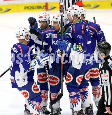 EBEL. Eishockey Bundesliga. EC VSV gegen UPC Vienna Capitals. Torjubel Darren Haydar, Jason Krog, Marco Pewal, Mario Altmann, Gerhard Unterluggauer (VSV). Villach, am 10.2.2015.
Foto: Kuess 


---
pressefotos, pressefotografie, kuess, qs, qspictures, sport, bild, bilder, bilddatenbank