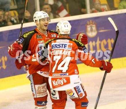 EBEL. Eishockey Bundesliga. KAC gegen HC TWK Innsbruck. Torjubel Jean Francois Jacques, Jamie Lundmark  (KAC). Klagenfurt, am 10.2.2015.
Foto: Kuess 

---
pressefotos, pressefotografie, kuess, qs, qspictures, sport, bild, bilder, bilddatenbank