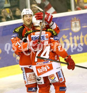 EBEL. Eishockey Bundesliga. KAC gegen HC TWK Innsbruck.  Torjubel Jean Francois Jacques, Jamie Lundmark (KAC). Klagenfurt, am 10.2.2015.
Foto: Kuess 

---
pressefotos, pressefotografie, kuess, qs, qspictures, sport, bild, bilder, bilddatenbank