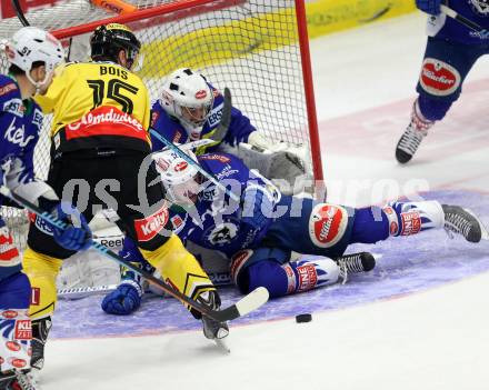 EBEL. Eishockey Bundesliga. EC VSV gegen UPC Vienna Capitals. Jean Philippe Lamoureux, Klemen Pretnar,  (VSV), Danny Bois (Caps). Villach, am 10.2.2015.
Foto: Kuess 


---
pressefotos, pressefotografie, kuess, qs, qspictures, sport, bild, bilder, bilddatenbank