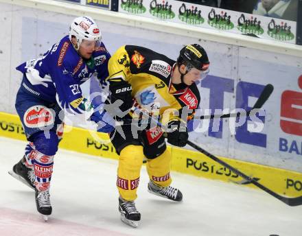 EBEL. Eishockey Bundesliga. EC VSV gegen UPC Vienna Capitals. Nico Brunner, (VSV), Kevin Puschnik  (Caps). Villach, am 10.2.2015.
Foto: Kuess 


---
pressefotos, pressefotografie, kuess, qs, qspictures, sport, bild, bilder, bilddatenbank