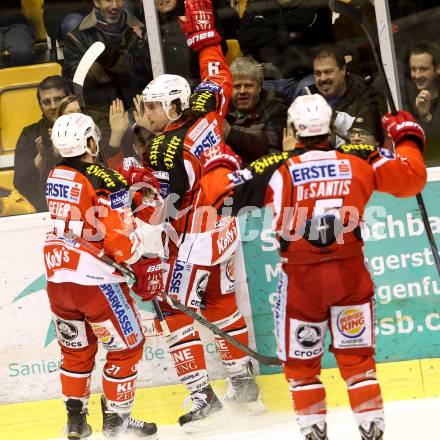 EBEL. Eishockey Bundesliga. KAC gegen HC TWK Innsbruck. Torjubel Luke Pither, Manuel Geier, Jason DeSantis (KAC). Klagenfurt, am 10.2.2015.
Foto: Kuess 

---
pressefotos, pressefotografie, kuess, qs, qspictures, sport, bild, bilder, bilddatenbank