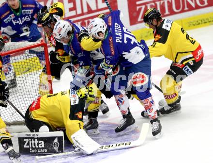 EBEL. Eishockey Bundesliga. EC VSV gegen UPC Vienna Capitals. Brock McBride, Patrick Platzer, (VSV),  Matthew Zaba, Markus Schlacher (Caps). Villach, am 10.2.2015.
Foto: Kuess 


---
pressefotos, pressefotografie, kuess, qs, qspictures, sport, bild, bilder, bilddatenbank