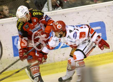 EBEL. Eishockey Bundesliga. KAC gegen HC TWK Innsbruck. Jamie Lundmark,  (KAC), Kenneth Macaulay (Innsbruck). Klagenfurt, am 10.2.2015.
Foto: Kuess 

---
pressefotos, pressefotografie, kuess, qs, qspictures, sport, bild, bilder, bilddatenbank