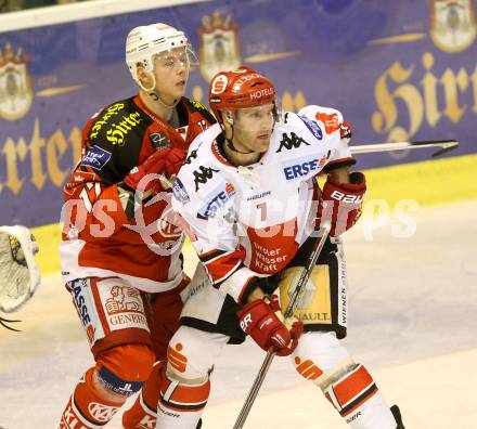 EBEL. Eishockey Bundesliga. KAC gegen HC TWK Innsbruck. Kim Stroemberg,  (KAC), Dustin VanBallegooie (Innsbruck). Klagenfurt, am 10.2.2015.
Foto: Kuess 

---
pressefotos, pressefotografie, kuess, qs, qspictures, sport, bild, bilder, bilddatenbank