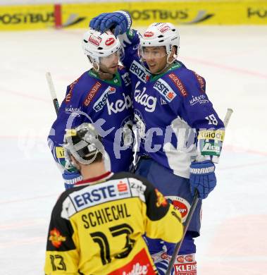 EBEL. Eishockey Bundesliga. EC VSV gegen UPC Vienna Capitals. Torjubel Darren Haydar, Jason Krog (VSV). Villach, am 10.2.2015.
Foto: Kuess 


---
pressefotos, pressefotografie, kuess, qs, qspictures, sport, bild, bilder, bilddatenbank