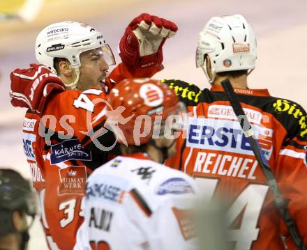 EBEL. Eishockey Bundesliga. KAC gegen HC TWK Innsbruck. Torjubel  Jean Francois Jacques, Johannes Reichel (KAC). Klagenfurt, am 10.2.2015.
Foto: Kuess 

---
pressefotos, pressefotografie, kuess, qs, qspictures, sport, bild, bilder, bilddatenbank