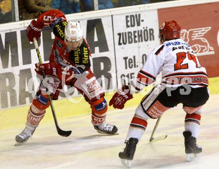 EBEL. Eishockey Bundesliga. KAC gegen HC TWK Innsbruck. Oliver Setzinger,  (KAC), Florian Pedevilla (Innsbruck). Klagenfurt, am 10.2.2015.
Foto: Kuess 

---
pressefotos, pressefotografie, kuess, qs, qspictures, sport, bild, bilder, bilddatenbank