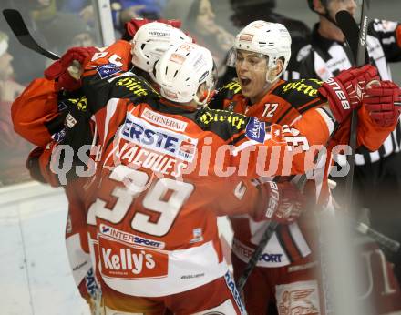 EBEL. Eishockey Bundesliga. KAC gegen HC TWK Innsbruck. Torjubel Stefan Geier, Thomas Vallant, Jean Francois Jacques (KAC). Klagenfurt, am 10.2.2015.
Foto: Kuess 

---
pressefotos, pressefotografie, kuess, qs, qspictures, sport, bild, bilder, bilddatenbank