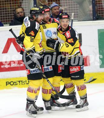 EBEL. Eishockey Bundesliga. EC VSV gegen UPC Vienna Capitals. Torjubel Danny Bois, Dustin Sylvester, Andreas Noedl (Caps). Villach, am 10.2.2015.
Foto: Kuess 


---
pressefotos, pressefotografie, kuess, qs, qspictures, sport, bild, bilder, bilddatenbank