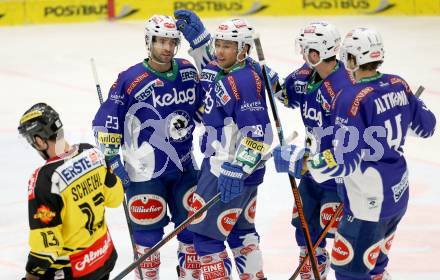 EBEL. Eishockey Bundesliga. EC VSV gegen UPC Vienna Capitals. Torjubel Darren Haydar, Jason Krog, Marco Pewal, Mario Altmann (VSV). Villach, am 10.2.2015.
Foto: Kuess 


---
pressefotos, pressefotografie, kuess, qs, qspictures, sport, bild, bilder, bilddatenbank