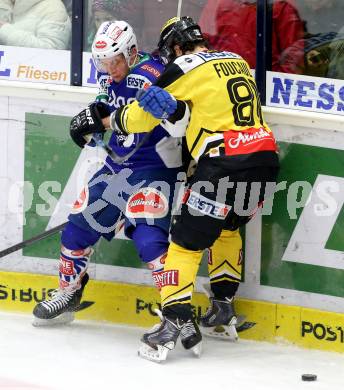 EBEL. Eishockey Bundesliga. EC VSV gegen UPC Vienna Capitals. Nico Brunner, (VSV), Kristopher Foucault  (Caps). Villach, am 10.2.2015.
Foto: Kuess 


---
pressefotos, pressefotografie, kuess, qs, qspictures, sport, bild, bilder, bilddatenbank