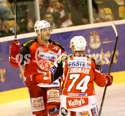 EBEL. Eishockey Bundesliga. KAC gegen HC TWK Innsbruck. Torjubel Jean Francois Jacques, Jamie Lundmark  (KAC). Klagenfurt, am 10.2.2015.
Foto: Kuess 

---
pressefotos, pressefotografie, kuess, qs, qspictures, sport, bild, bilder, bilddatenbank