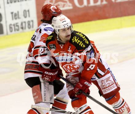 EBEL. Eishockey Bundesliga. KAC gegen HC TWK Innsbruck. Luke Pither, (KAC), Christoph Hoertnagl  (Innsbruck). Klagenfurt, am 10.2.2015.
Foto: Kuess 

---
pressefotos, pressefotografie, kuess, qs, qspictures, sport, bild, bilder, bilddatenbank