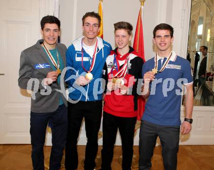 Nordische Kombination. Ehrung der Medaillengewinner bei der  Juniorenweltmeisterschaft und dem 12. EuropÃ¤ischen Olympischen Jugendfestival (EYOF 2015). Thomas Joebstl, Philipp Kuttin, Samuel Mraz, Noa Mraz. Klagenfurt, 10.2.2015.
Foto: Kuess
---
pressefotos, pressefotografie, kuess, qs, qspictures, sport, bild, bilder, bilddatenbank