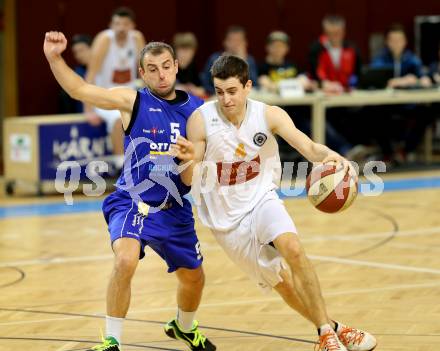 Basketball 2.Bundesliga 2014/15 Grunddurchgang 19.Runde. Woerthersee Piraten gegen Radenthein Garnets. Martin Breithuber,  (Piraten), Patrick Biedermann (Radenthein). Klagenfurt, 14.2.2015.
Foto: Kuess
---
pressefotos, pressefotografie, kuess, qs, qspictures, sport, bild, bilder, bilddatenbank