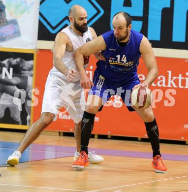 Basketball 2.Bundesliga 2014/15 Grunddurchgang 19.Runde. Woerthersee Piraten gegen Radenthein Garnets. Joachim Buggelsheim,  (Piraten), Vjeran Soldo (Radenthein). Klagenfurt, 14.2.2015.
Foto: Kuess
---
pressefotos, pressefotografie, kuess, qs, qspictures, sport, bild, bilder, bilddatenbank