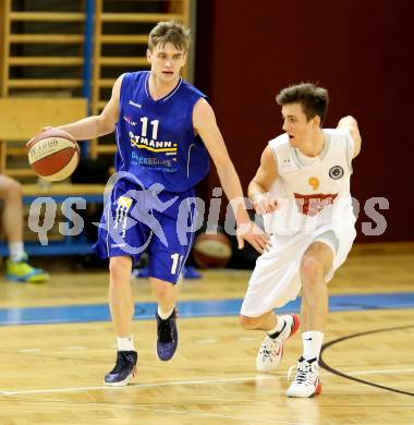 Basketball 2.Bundesliga 2014/15 Grunddurchgang 19.Runde. Woerthersee Piraten gegen Radenthein Garnets.  Christof Gspandl,  (Piraten), Ziga Erculj (Radenthein). Klagenfurt, 14.2.2015.
Foto: Kuess
---
pressefotos, pressefotografie, kuess, qs, qspictures, sport, bild, bilder, bilddatenbank