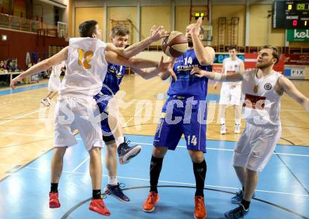 Basketball 2.Bundesliga 2014/15 Grunddurchgang 19.Runde. Woerthersee Piraten gegen Radenthein Garnets. Christian Erschen, Sebastian Huber, (Piraten), Ziga Erculj, Vjeran Soldo  (Radenthein). Klagenfurt, 14.2.2015.
Foto: Kuess
---
pressefotos, pressefotografie, kuess, qs, qspictures, sport, bild, bilder, bilddatenbank