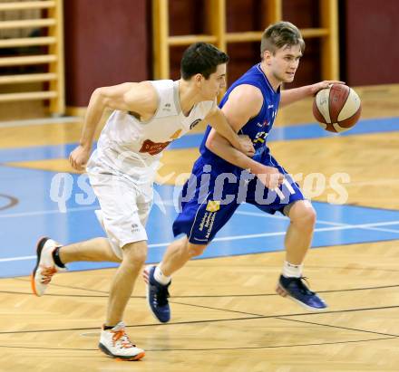 Basketball 2.Bundesliga 2014/15 Grunddurchgang 19.Runde. Woerthersee Piraten gegen Radenthein Garnets. Martin Breithuber, (Piraten), Ziga Erculj  (Radenthein). Klagenfurt, 14.2.2015.
Foto: Kuess
---
pressefotos, pressefotografie, kuess, qs, qspictures, sport, bild, bilder, bilddatenbank