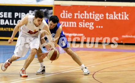 Basketball 2.Bundesliga 2014/15 Grunddurchgang 19.Runde. Woerthersee Piraten gegen Radenthein Garnets. Martin Breithuber, (Piraten), Peter Gleissner  (Radenthein). Klagenfurt, 14.2.2015.
Foto: Kuess
---
pressefotos, pressefotografie, kuess, qs, qspictures, sport, bild, bilder, bilddatenbank