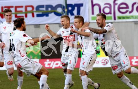 Fussball Bundesliga. RZ Pellets WAC gegen FK Austria Wien. Torjubel Peter Zulj, Manuel Kerhe, Michael Berger, Boris Huettenbrenner (WAC). Klagenfiurt, am 15.2.2015.
Foto: Kuess

---
pressefotos, pressefotografie, kuess, qs, qspictures, sport, bild, bilder, bilddatenbank