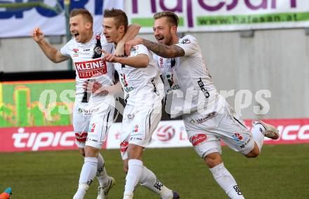 Fussball Bundesliga. RZ Pellets WAC gegen FK Austria Wien. Torjubel Peter Zulj, Manuel Kerhe, Michael Berger (WAC). Klagenfiurt, am 15.2.2015.
Foto: Kuess

---
pressefotos, pressefotografie, kuess, qs, qspictures, sport, bild, bilder, bilddatenbank