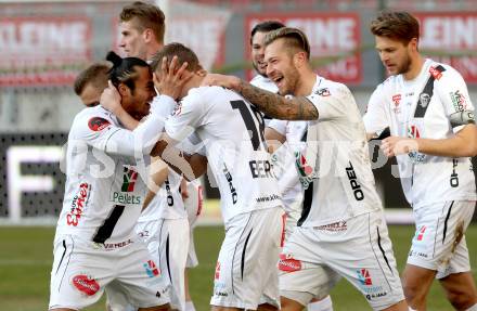 Fussball Bundesliga. RZ Pellets WAC gegen FK Austria Wien. Torjubel Peter Zulj, Manuel Kerhe, Michael Berger, Boris Huettenbrenner, Tadej Trdina, Stephan Palla (WAC). Klagenfiurt, am 15.2.2015.
Foto: Kuess

---
pressefotos, pressefotografie, kuess, qs, qspictures, sport, bild, bilder, bilddatenbank