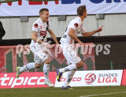 Fussball Bundesliga. RZ Pellets WAC gegen FK Austria Wien. Torjubel Manuel Kerhe, Michael Berger (WAC). Klagenfiurt, am 15.2.2015.
Foto: Kuess

---
pressefotos, pressefotografie, kuess, qs, qspictures, sport, bild, bilder, bilddatenbank