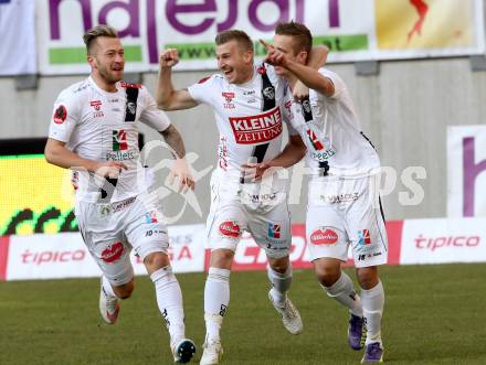 Fussball Bundesliga. RZ Pellets WAC gegen FK Austria Wien.  Torjubel Peter Zulj, Manuel Kerhe, Michael Berger (WAC). Klagenfiurt, am 15.2.2015.
Foto: Kuess

---
pressefotos, pressefotografie, kuess, qs, qspictures, sport, bild, bilder, bilddatenbank