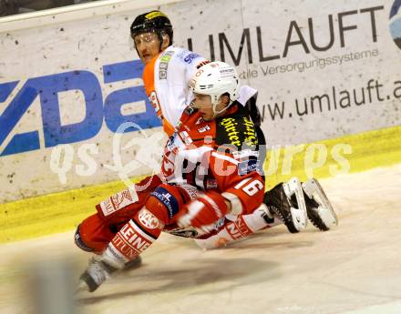 EBEL. Eishockey Bundesliga. KAC gegen Moser Medical Graz 99ers. Patrick Harand, (KAC), Philipp Pinter  (Graz). Klagenfurt, am 15.2.2015.
Foto: Kuess 

---
pressefotos, pressefotografie, kuess, qs, qspictures, sport, bild, bilder, bilddatenbank