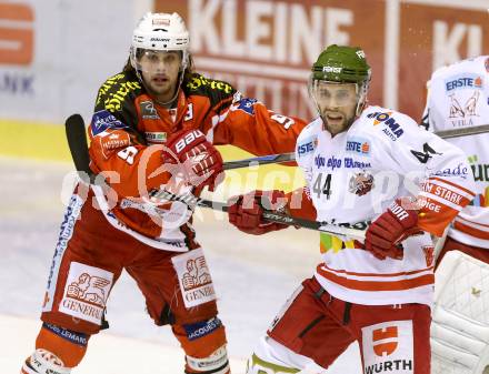 EBEL. Eishockey Bundesliga. KAC gegen HCB Suedtirol. Lukas Pither, (KAC),  Hannes Oberdoerfer  (Bozen). Klagenfurt, am 20.2.2015.
Foto: Kuess 

---
pressefotos, pressefotografie, kuess, qs, qspictures, sport, bild, bilder, bilddatenbank