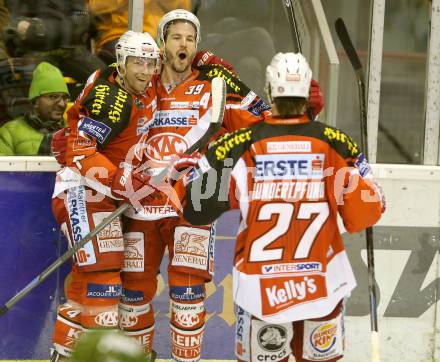 EBEL. Eishockey Bundesliga. KAC gegen HCB Suedtirol.  Torjubel Jean Francois Jacques, Jamie Lundmark, Thomas Hundertpfund (KAC). Klagenfurt, am 20.2.2015.
Foto: Kuess 

---
pressefotos, pressefotografie, kuess, qs, qspictures, sport, bild, bilder, bilddatenbank