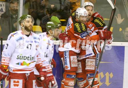 EBEL. Eishockey Bundesliga. KAC gegen HCB Suedtirol. Torjubel Jean Francois Jacques, Jamie Lundmark (KAC). Klagenfurt, am 20.2.2015.
Foto: Kuess 

---
pressefotos, pressefotografie, kuess, qs, qspictures, sport, bild, bilder, bilddatenbank