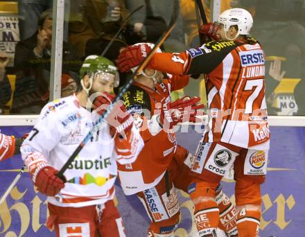 EBEL. Eishockey Bundesliga. KAC gegen HCB Suedtirol. Torjubel Jean Francois Jacques, Jamie Lundmark (KAC). Klagenfurt, am 20.2.2015.
Foto: Kuess 

---
pressefotos, pressefotografie, kuess, qs, qspictures, sport, bild, bilder, bilddatenbank