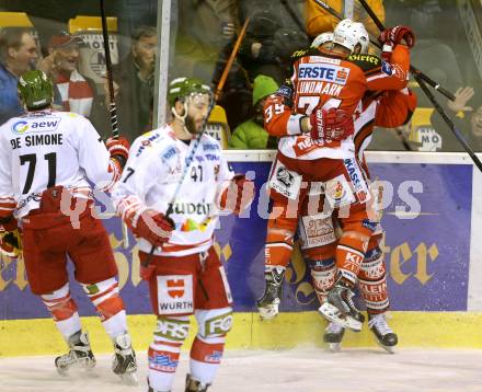 EBEL. Eishockey Bundesliga. KAC gegen HCB Suedtirol. Torjubel Jean Francois Jacques, Jamie Lundmark (KAC). Klagenfurt, am 20.2.2015.
Foto: Kuess 

---
pressefotos, pressefotografie, kuess, qs, qspictures, sport, bild, bilder, bilddatenbank