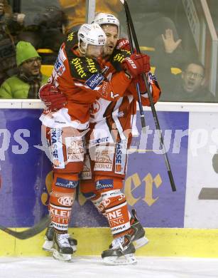 EBEL. Eishockey Bundesliga. KAC gegen HCB Suedtirol. Torjubel Jean Francois Jacques, Jamie Lundmark (KAC). Klagenfurt, am 20.2.2015.
Foto: Kuess 

---
pressefotos, pressefotografie, kuess, qs, qspictures, sport, bild, bilder, bilddatenbank